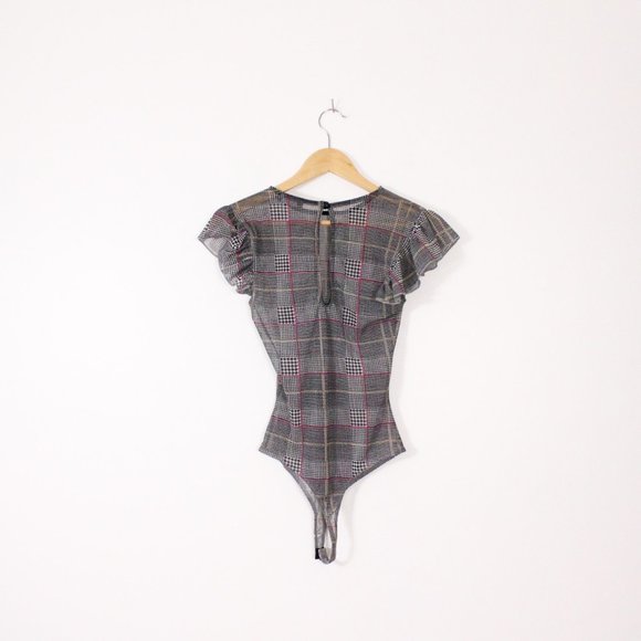 *Fashion Nova Plaid Ruffle Short Sleeve Sheer Bodysuit - Picture 7 of 8